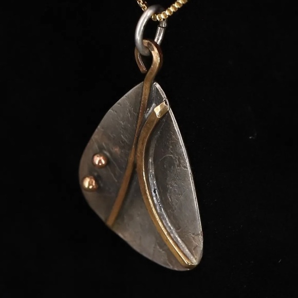 Signed- Donna McAfee Sterling Silver Bronze accent Modernist Pendant 18” Chain - Picture 2 of 5